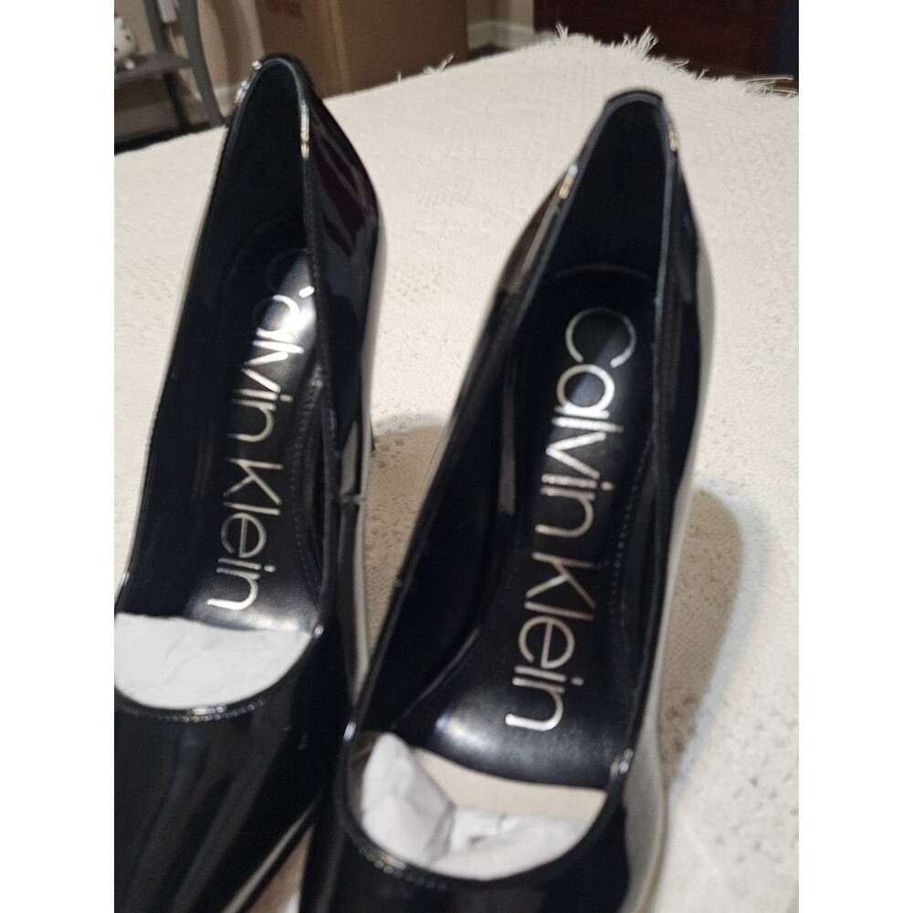 Calvin Klein Black Patent Leather Pointed Toe Pumps Heels Size 6.5 M Silver CK - Picture 4 of 10